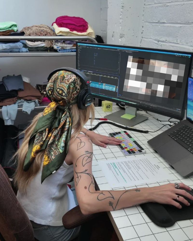 Editor working at a desk with headphones and a video timeline open